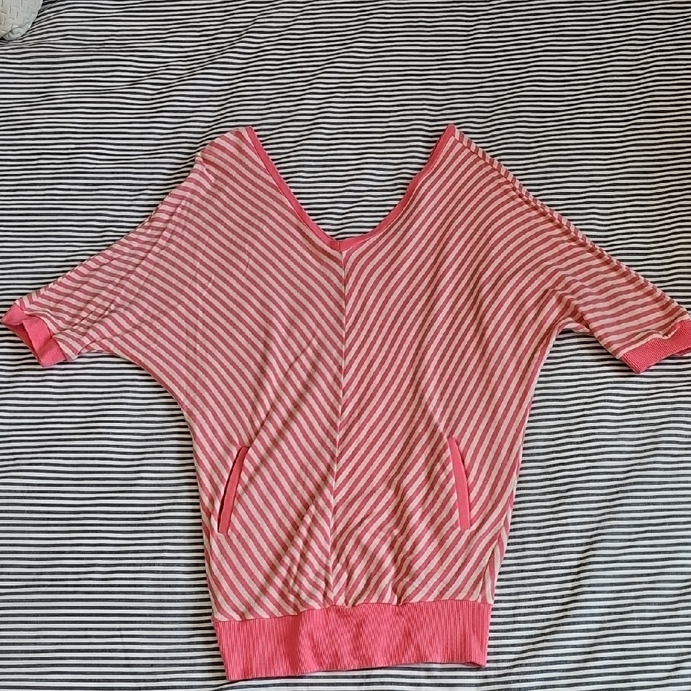 Pink Striped Double V-Neck Top/Tunic